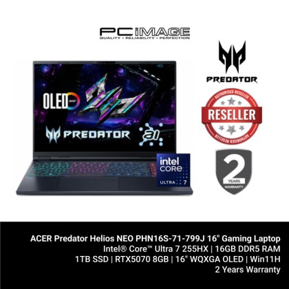 ACER Predator Helios NEO PHN16S-71-799J 16" Gaming Laptop Black (U7 255HX, 16GB DDR5, 1TB SSD, GeForce RTX5070 8GB, 16" WQXGA 240HZ OLED, Win11H, 2YW) ACER Predator Helios NEO PHN16S-71-799J 16" Gaming Laptop Black (U7 255HX, 16GB DDR5, 1TB SSD, GeForce RTX5070 8GB, 16" WQXGA 240HZ OLED, Win11H, 2YW)