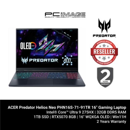 ACER Predator Helios Neo PHN16S-71-91TR 16" Gaming Laptop Black (U9-275HX, 32GB DDR5, 1TB SSD, GeForce RTX5070 8GB, 16" WQXGA 240HZ OLED, Win11H, 2YW)