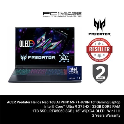 ACER Predator Helios Neo 16S AI PHN16S-71-97UN GeForce RTX™ 5060 8GB (16" Gaming Laptop Black (U9-275HX, 32GB DDR5, 1TB SSD, 16" OLED 250HZ, Win11H, 2YW)