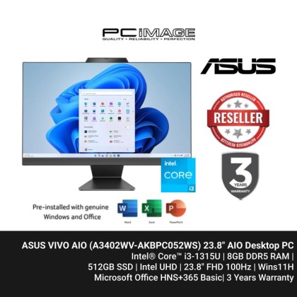 ASUS VIVO AIO (A3402WV-AKBPC052WS) i3-1315U, 8GB DDR5, 512GB SS, Intel UHD, 23.8" FHD 100Hz, Win11H, OfficeHNS21+365Basic, 3YW, Black)