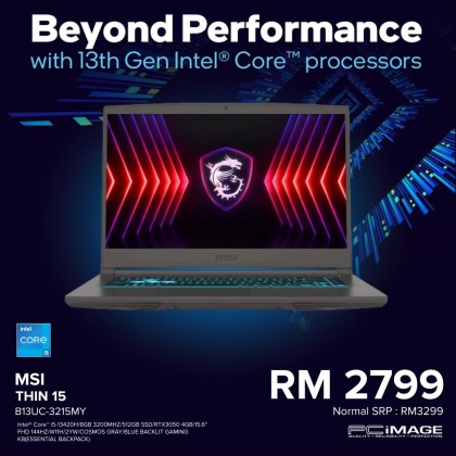 MSI Thin 15 B13UC-3215MY 15.6" Gaming Laptop Cosmos Grey (i5-13420H, 8GB 3200Mhz, 512GB SSD, RTX3050 4GB, 15.6" FHD 144Hz, Win11H, 2YW)