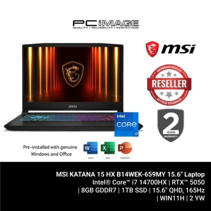 MSI KATANA 15 HX B14WEK-659MY I7-14700HX/16GB 5600MHZ(8+8)/1TB SSD/RTX5050 8GB/15.6" QHD 165HZ/W11H/2YW/BLACK/4-ZONE RGB KB COPILOT KEY(ESSENTIAL BACKPACK) Laptop