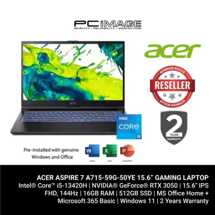 ACER ASPIRE 7 A715-59G-50YE/I5-13420H/16GB D4-3600/512GB G4(EXTRA G4)/RTX3050 6GB/15.6" FHD 144HZ/W11H/HOME24/2YW(1STYITW)/1ZONE RGB BACKLIT/BLACK GAMING LAPTOP