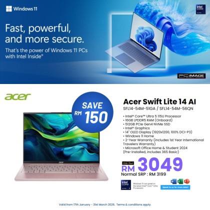 ACER SWIFT LITE 14 AI SFL14-54M-51GA/56QN CORE ULTRA 5 115U/16GB D5(OB)/512GB G4/INTEL/14" WUXGA OLED/W11H/HOME24/2YW(1STYITW) Laptop