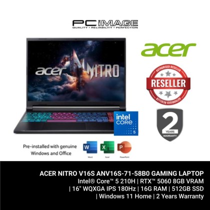 ACER NITRO V16S ANV16S-71-58B0 CORE 5 210H/16GB D5-5600/512GB G4/RTX5060 8GB/16" WUXGA 180HZ/W11H/HNS24/2YW(1STYITW)/BLACK Gaming Laptop
