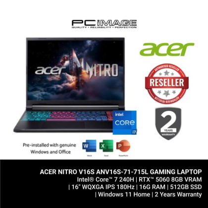ACER NITRO V16S ANV16S-71-715L GeForce RTX™ 55060 CORE 7 240H/16GB D5-5600/512GB G4/RTX5060 8GB/16" WUXGA 180HZ/W11H/HNS24/2YW(1STYITW)/BLACK Gaming Laptop