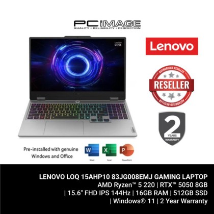 LENOVO LOQ 15AHP10 83JG008EMJ GeForce RTX™ 5050 8GB (R5 220/16GB D5-5600/512GB G4(EXTRA G4)/5.6" FHD 144HZ/W11H/HOME24+AI NOW/2YWPC/24-ZONE RGB BACKLIT/LUNA GREY GAMING LAPTOP