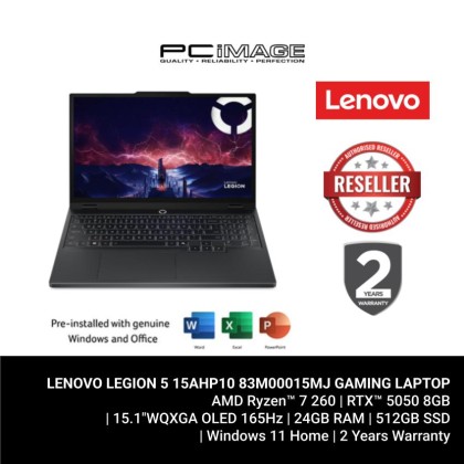 LENOVO LEGION 5 15AHP10 83M00015MJ/R7 260/24GB D5-5600/512GB G4(EXTRA G4)/RTX5050 8GB/15.1" WQXGA OLED 165HZ/W11H/LENOVO AI NOW/2YWUS/24-ZONE RGB BACKLIT/ECLIPSE BLACK GAMING LAPTOP