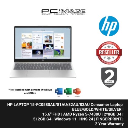 HP LAPTOP 15-FC0580AU/81AU/82AU/83AU/R5-7430U/2*8GB D4/512GB G4/ATI/15.6" FHD/W11H/HOME24/2YW