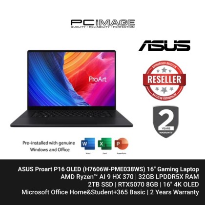 ASUS PROART P16 OLED (H7606W-PME038WS) AI 9 HX 370, 32GB LPDDR5X, 2TB SSD, RTX5070 12GB, 16" 4K OLED Touch, Win11H, OfficeHNS24+365Basic, 2YW, Nano Black