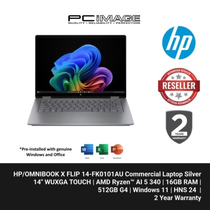 HP OMNIBOOK X FLIP 14-FK0101AU/RYZEN AI 5 340/16GB/512GB G4/ATI/14" WUXGA TOUCH/W11H/HOME24/SILVER/2YW HP OMNIBOOK X FLIP 14-FK0101AU/RYZEN AI 5 340/16GB/512GB G4/ATI/14" WUXGA TOUCH/W11H/HOME24/SILVER/2YW