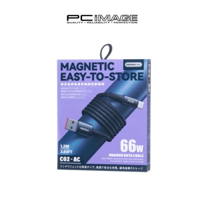 REMAX C02-AC USB TO TYPE-C 66W ALUMINUM ALLOY MAGNETIC ATTRACTION EASY STORAGE BRAIDED DATA CABLE 1.2M - BLACK 6MW