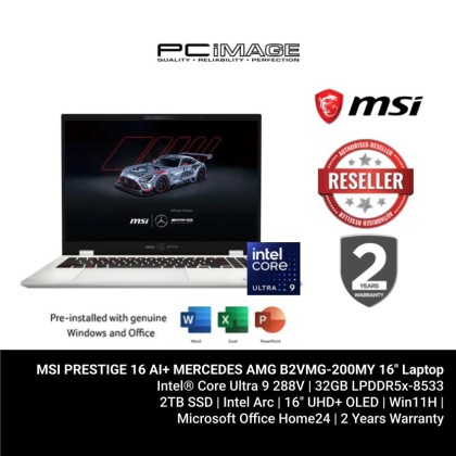 [ PRE-ORDER ] MSI PRESTIGE 16 AI+ MERCEDES AMG B2VMG-200MY 16" Laptop (U9-288V AI, 32GB LPDDR5, 2TB SSD, Intel Arc, 16" UHD+ OLED, Win11H, OfficeHome24, 2YW, Urban Silver)