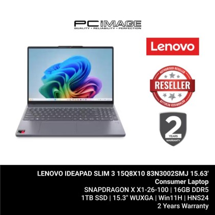 LENOVO IDEAPAD SLIM 3 15Q8X10 83N3002SMJ/SNAPDRAGON X X1-26-100/16GB DDR5/1TB SSD/15.3" WUXGA/W11H/HOME24/LUNA GREY/2YWPC LENOVO IDEAPAD SLIM 3 15Q8X10 83N3002SMJ/SNAPDRAGON X X1-26-100/16GB DDR5/1TB SSD/15.3" WUXGA/W11H/HOME24/LUNA GREY/2YWPC