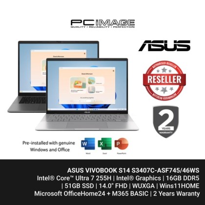 ASUS VIVOBOOK S14 S3407C-ASF745/46WS Intel&reg; Core&trade; Ultra 7 255H/16GB DDR5/512GB SSD/14.0" FHD/W11H/2YW