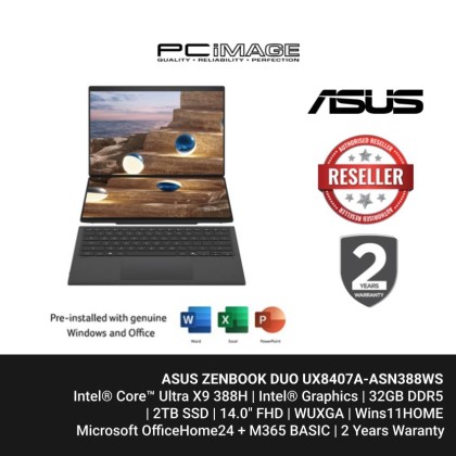 ASUS ZENBOOK DUO UX8407A-ASN388WS 14.0" CONSUMER LAPTOP CORE ULTRA X9 388H/32GB/2TB/14.0" FHD/W11H/OFFICE HOME 24(MY)+M365 BASIC/GRAY/2YW