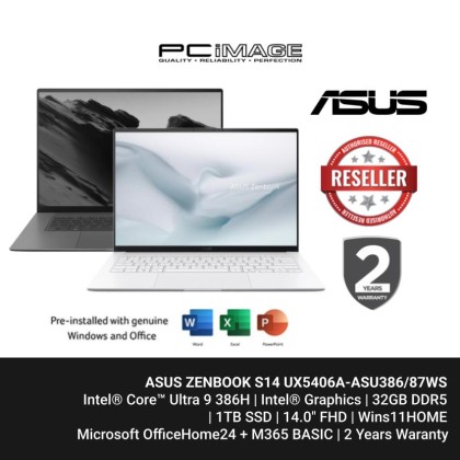 ASUS ZENBOOK S14 UX5406A-ASU386/87WS 14.0" CONSUMER LAPTOP CORE ULTRA 9 386H/32GB DDR5/1TB SSD/14.0" FHD/W11H/OFFICE HOME 24(MY)+M365 BASIC/2YW  
