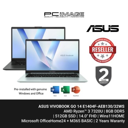 ASUS VIVOBOOK GO 14 E1404F-AEB130/32WS 14.0" CONSUMER LAPTOP R3 7320U/8GB DDR5/512GB SSD/14.0" FHD/W11H/OFFICE HOME 24(MY)+M365 BASIC/2YW 