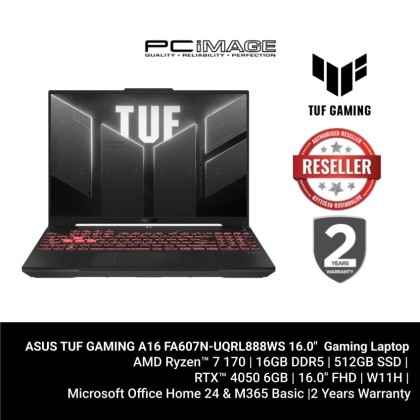 ASUS TUF A16 FA607N-UQRL888WS 16.0" AMD Ryzen™ 7 170/16GB DDR5/512GB SSD/RTX4050 6GB/16.0" FHD/HNS24/W11H/MECHA GRAY/2YW