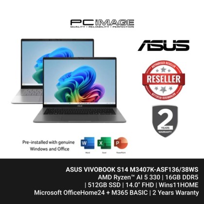 ASUS VIVOBOOK S14 M3407K-ASF136/38WS AMD Ryzen&trade; AI 5 330/16GB DDR5/512GB SSD/14.0" FHD/W11H/2YW