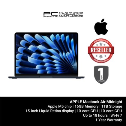 [PRE-ORDER] APPLE MACBOOK AIR 15" Laptop Apple M5 chip/10‑core CPU/10‑core GPU/16GB/1TB SSD/MIDNIGHT/1YW