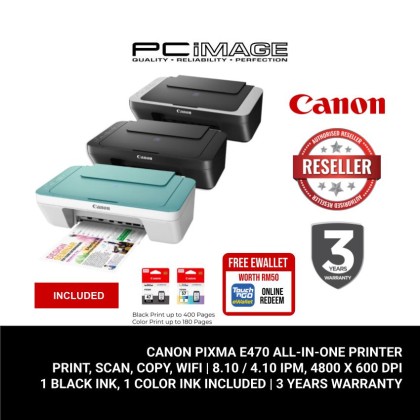 CANON Pixma E470 Inkjet All in One Wireless Printer (Print, Scan, Copy, Wifi) + FREE TNG eWallet