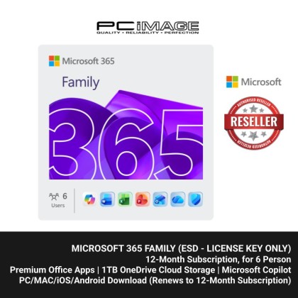 Microsoft 365 Family is a Subscription for 1-6 people that includes Advanced Security, Cloud Storage, and Innovative apps with Microsoft Copilot (ESD - License Key Only)